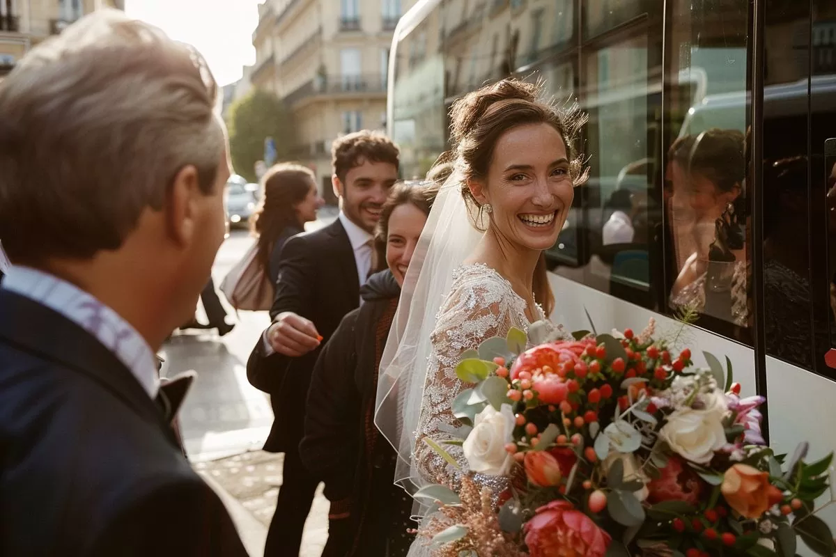 Group of happy wedding guests boarding a rented bus in Paris.