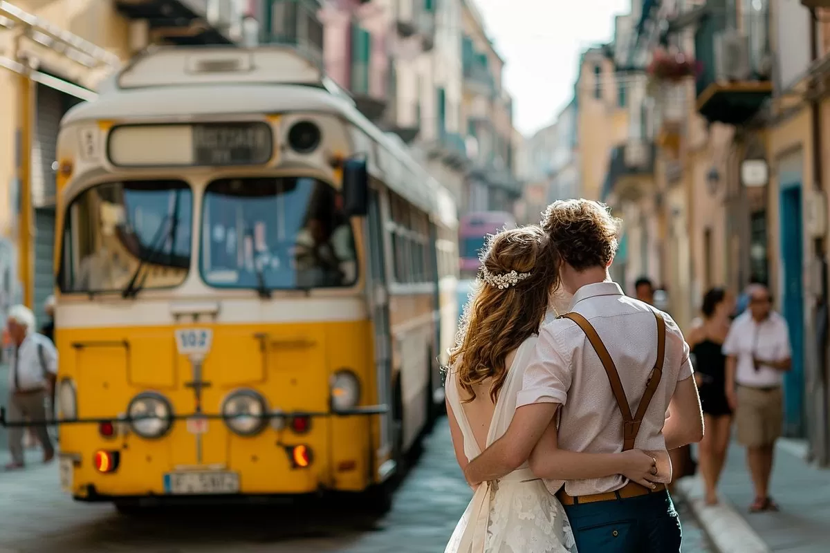 Vintage bus blending seamlessly into the urban landscape of Naples for wedding photos.